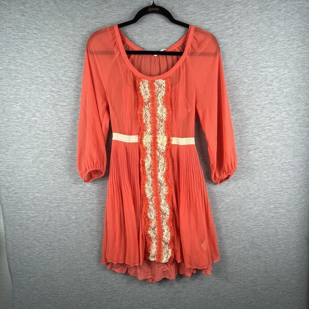 Free People Womens Dress Orange Chiffon 2 With Slip Sheer Boho 60s Lace Pleated